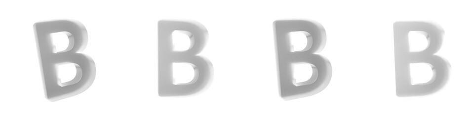 Set of 4 3d white frosted glass of letter B shapes isolated on a transparent background. Upper case. 3d education elements for graphic design.