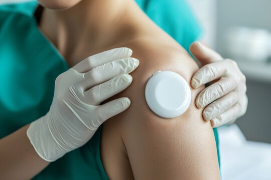 Medical Professional Applying a White Sensor Patch on Patient s Shoulder