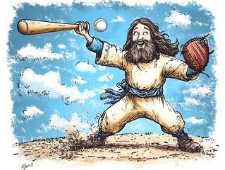 Jesus plays baseball, cartoon, outdoors