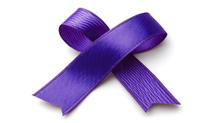 A Purple Ribbon Bow Lies Against A Pure White Background