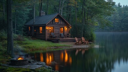 Obraz premium Cozy Lakeside Cabin with Soft Lighting at Dusk
