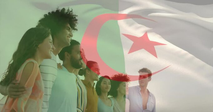 Smiling diverse group with Algerian flag overlay, creating animation effect