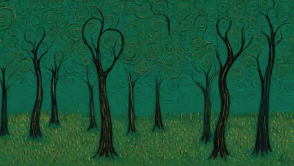  A surreal forest scene with swirling patterns and vibrant greens