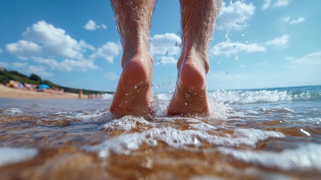 A man's feet are in the water at the beach - Powered by Adobe
