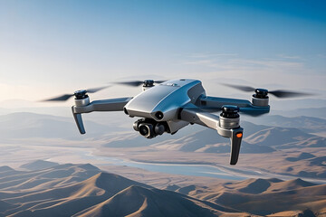 aerial drone photo flying with air and landscape background clean, modern and fresh scenery high resolution detailed 4k focus on drone ai generated