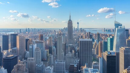 Obraz premium A breathtaking aerial view of a bustling cityscape, showcasing an array of towering skyscrapers, modern architecture, and vibrant urban life, all under a clear blue sky.