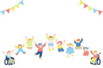 楽しそうにジャンプするこども達とガーランドのフラットなイラスト(セット)
