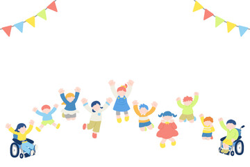 楽しそうにジャンプするこども達とガーランドのフラットなイラスト(セット)
