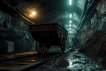 Naklejka premium An old wooden cart running through a mining tunnel, illuminated by soft light that evokes nostalgia and industrial history