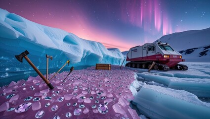 A vibrant icy landscape with a vehicle, gems, and tools under a colorful sky.