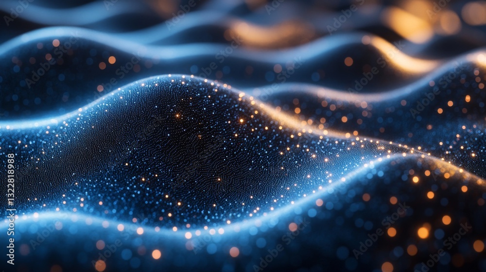 Poster A mesmerizing landscape illustrates quantum concepts, depicting smooth waves and luminous particles. The energy of superposition and entanglement is artistically represented in this abstract design.