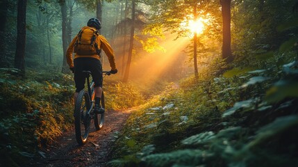 Lone Biker Navigating Narrow Trail in Mountain Forest at Sunrise