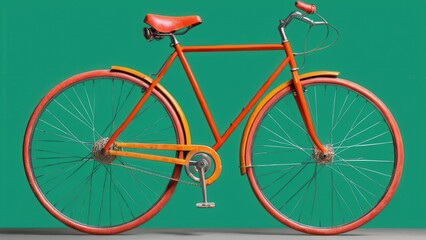 Fototapeta premium vibrant orange bicycle against a striking green backdrop