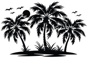 palm trees with leaves and black silhouettes isolated on a white background Vector