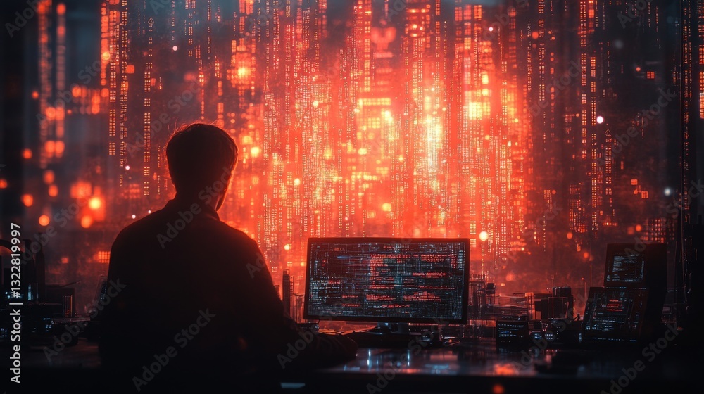 Fototapete A lone figure interacts with a computer interface, surrounded by cascading data streams of vibrant red and orange. The atmosphere evokes advanced quantum computation and neural optimization.