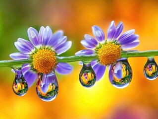 Beautiful Purple Flowers with Dew Drops and Colorful Background