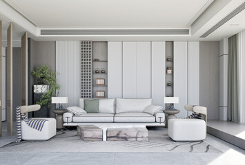 Modern living room furniture with a white color tone, table and sofa, decorative items on wood wall