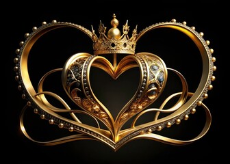 Gold Heart Frame, Double Ribbon Crown, Calligraphic Design, Black Background - Luxury Vintage Photography