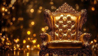 A gilded luxurious regal chair sits within a dark background