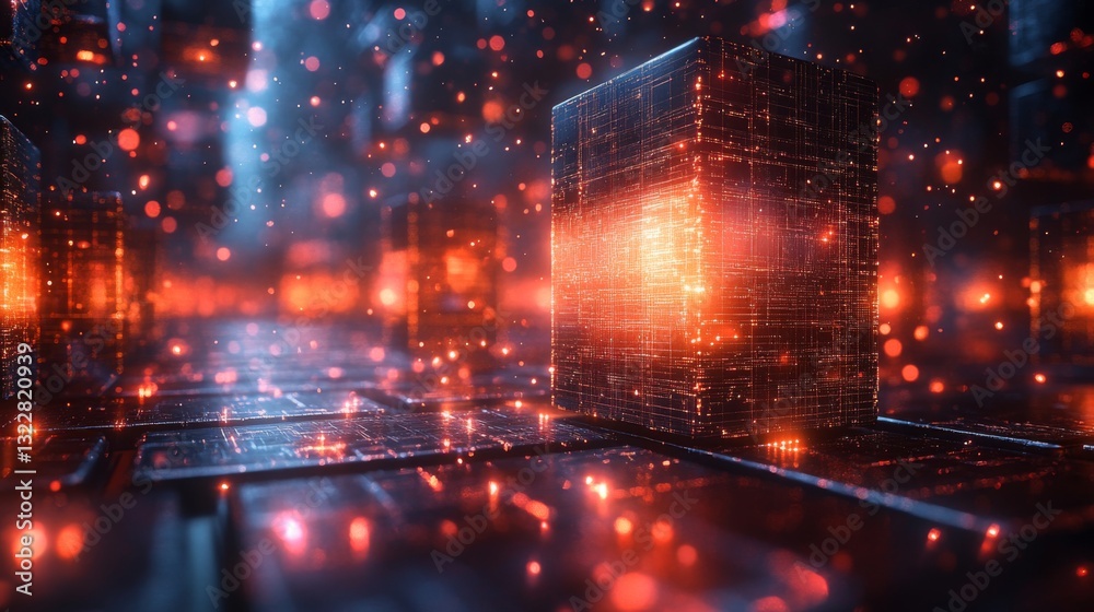 Poster A complex digital landscape showcases glowing quantum bits surrounded by dynamic patterns. Bright particles navigate through a network, illustrating principles of superposition and entanglement.