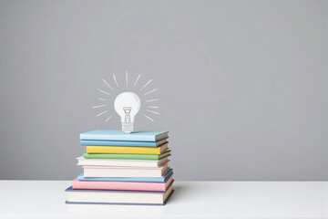 stack of books with light bulb drawn on top of them