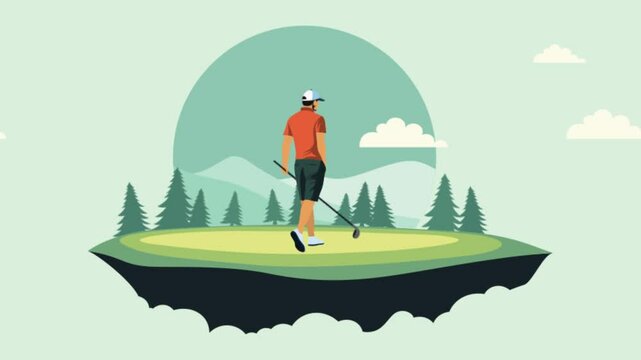 Footage Animation Video of Man Golfer Sport Player Character Holding Golf Stick on the Field