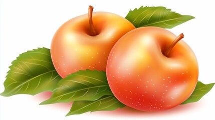 Two ripe apples with leaves, isolated, white background, healthy food