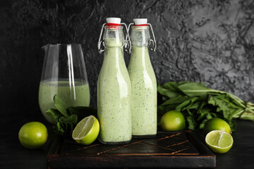 Bottles and jug of fresh spinach smoothie with limes on black background