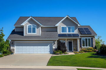 A suburban family home with solar panels for energy embodies modern, eco-friendly living within a comfortable setting.