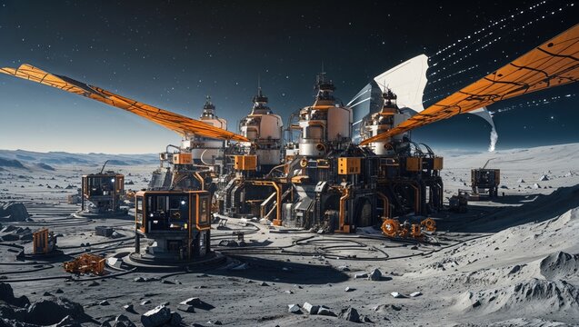 A futuristic lunar base with advanced structures and technology for space exploration.