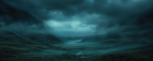 Fototapeta premium Dark sky concept. Mysterious valley landscape shrouded in mist and dramatic clouds, evoking tranquility.