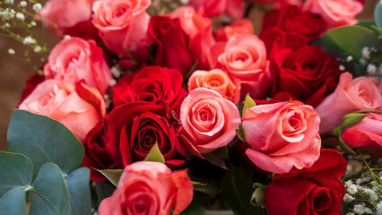 Background of pink rose bouquets for weddings or for lovers. Red or pink roses are in high demand on Valentine's Day or during weddings due to their romantic symbolism, meanings of love, purity