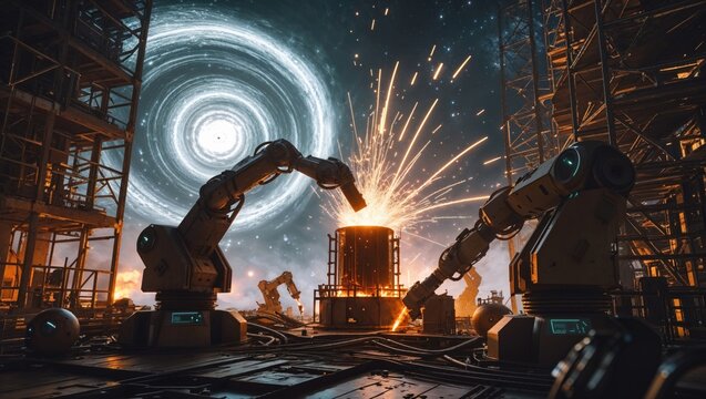 A futuristic industrial scene with robotic arms working near a swirling cosmic vortex.