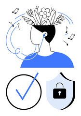 Abstract person listening to music through earphones, flowers sprouting from head. Security icons - shield with lock, checkmark. Ideal for creativity, music, mindfulness, mental health, security