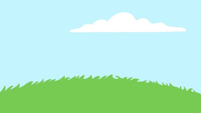 simple flat hand drawn animation of green grass hill scenery landscape with blue sky and moving cloud
