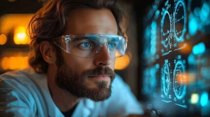 A scientist studies complex quantum physics data on a computer screen, focusing on simulations of qubits, superposition, and entanglement in a lab setting.