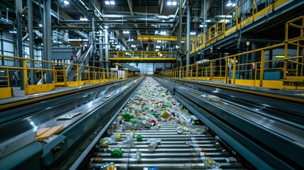 Fototapeta premium Conveyor belt transports a large amount of plastic bottles through a recycling facility in an expansive warehouse, filled with equipment and workers during daylight hours.