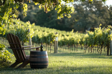 Fototapeta premium A lounge chair set in a serene countryside setting invites relaxation, offering a cozy escape amid natural beauty.