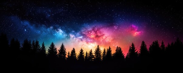 Naklejka premium Dark sky idea. Stunning night sky over silhouette of trees, filled with vibrant colors and galaxies.