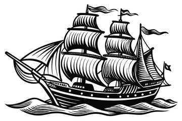 Naklejka premium Vintage sailboat. Clipper ship black and white sketch. Pirate ship sailboats in sea waves, sailing ship in retro hand drawn engraving style