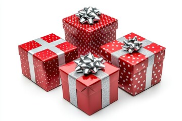 Obraz premium Four red gift boxes with silver ribbons on white background.