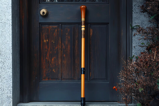 An adjustable walking cane by the door offers stability and support, ensuring balance and ease for daily movements.