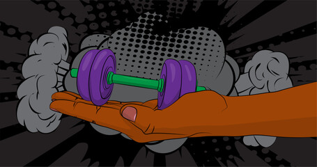 Cartoon, comic book human hands holding Dumbbell. Retro vector comics pop art design.
