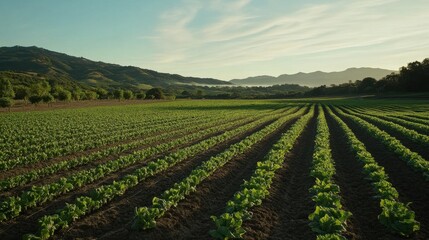 Lush Lettuce Field Under a Clear Sky with Rolling Hills Background
