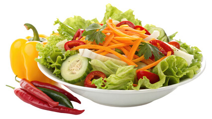 Fresh and healthy salad with vegetables including lettuce tomatoes cucumbers and bell peppers beautifully arranged in a bowl with vibrant colors and textures on transparent background PNG salad-with-v
