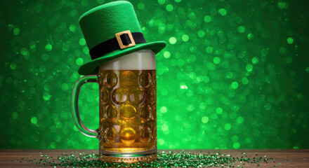 A Photo Of A Beer Mug Adorned With Green Leprechaun Hat Surrounded By Sparkling Green Background