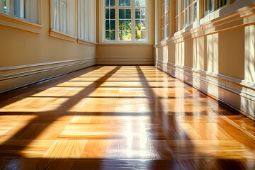 Fototapeta premium Soft sunlight pours into a quiet hallway casting beams that evoke calm and inspiring interiors