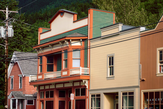 Storefronts in Skagway with Forested Backdrop