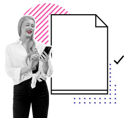 Woman in stylish attire using smartphone near a digital document icon with a check mark, isolated...