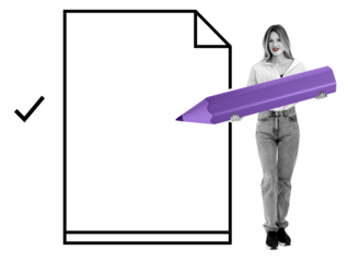 Woman in casual outfit holds large purple pencil near document icon with check mark on white background. Concept of approval, editing, or document validation